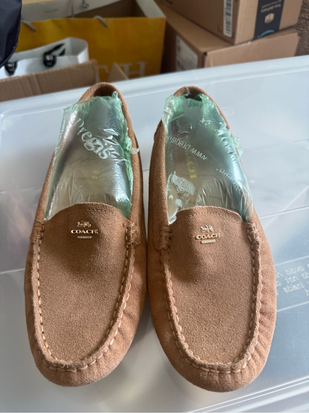 COACH Women's Tan Suede Moccasin Loafers with Gold Logo
